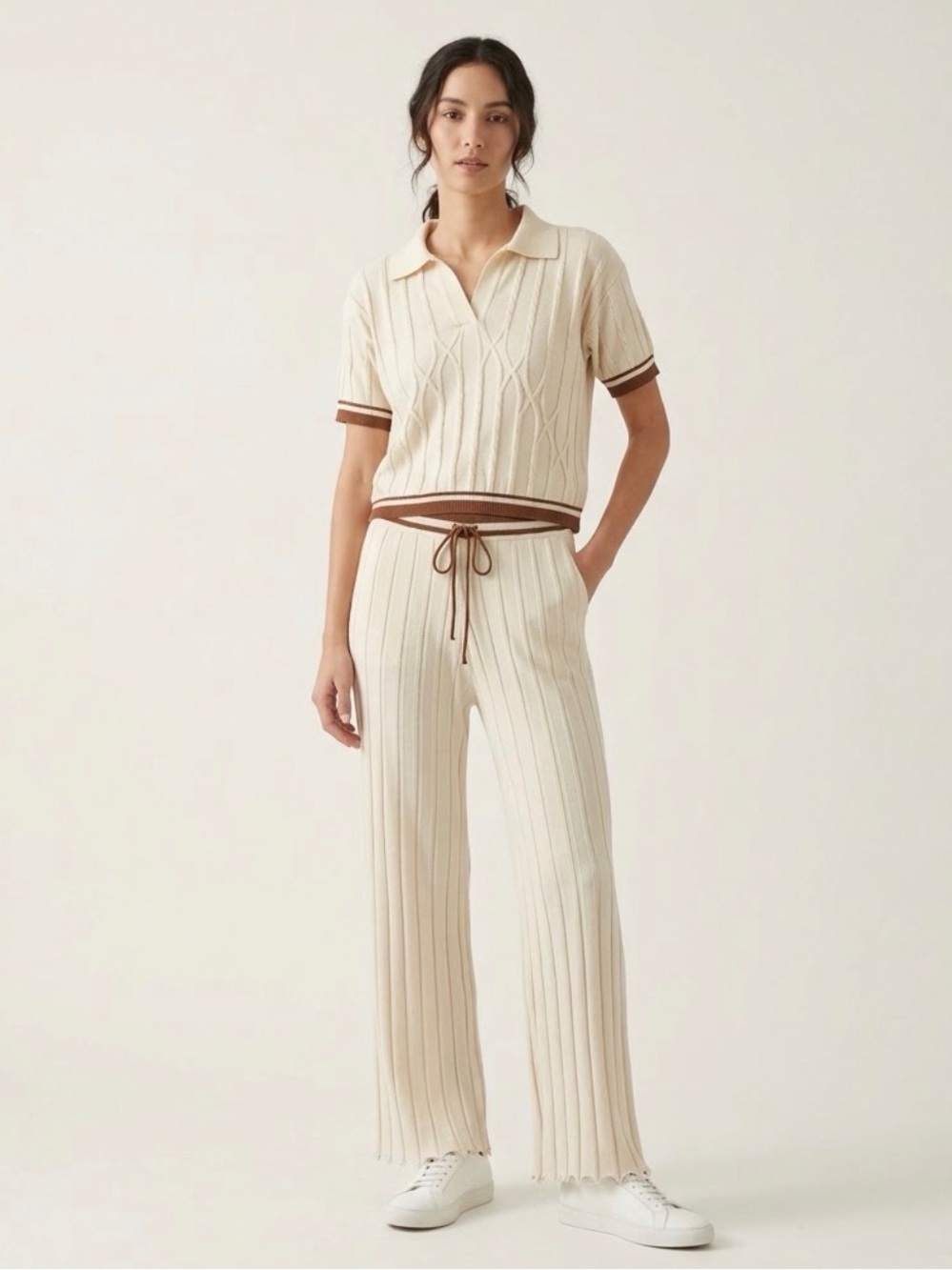 Commense Contrast-Trimmed Polo Neck Top and Drawstring Straight-Leg Pants Set